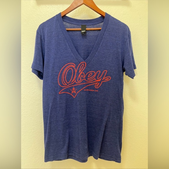 VTG Y2K Obey Women L V Neck Short Sleeve graphic Tee Skater Hipster Made In USA - Picture 1 of 7